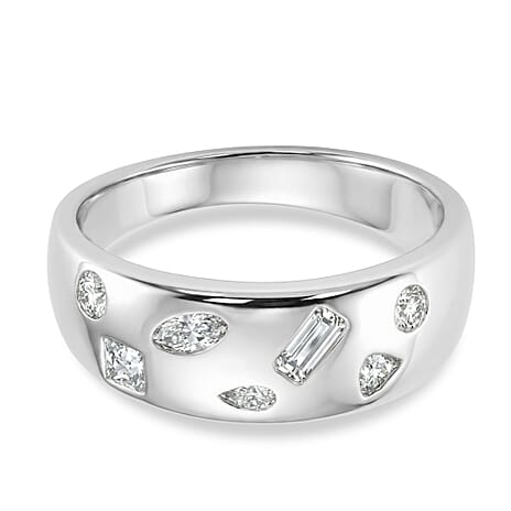 D'Joy Multi Cut Moissanite Wide Band Ring in Rhodium Overlay Sterling Silver