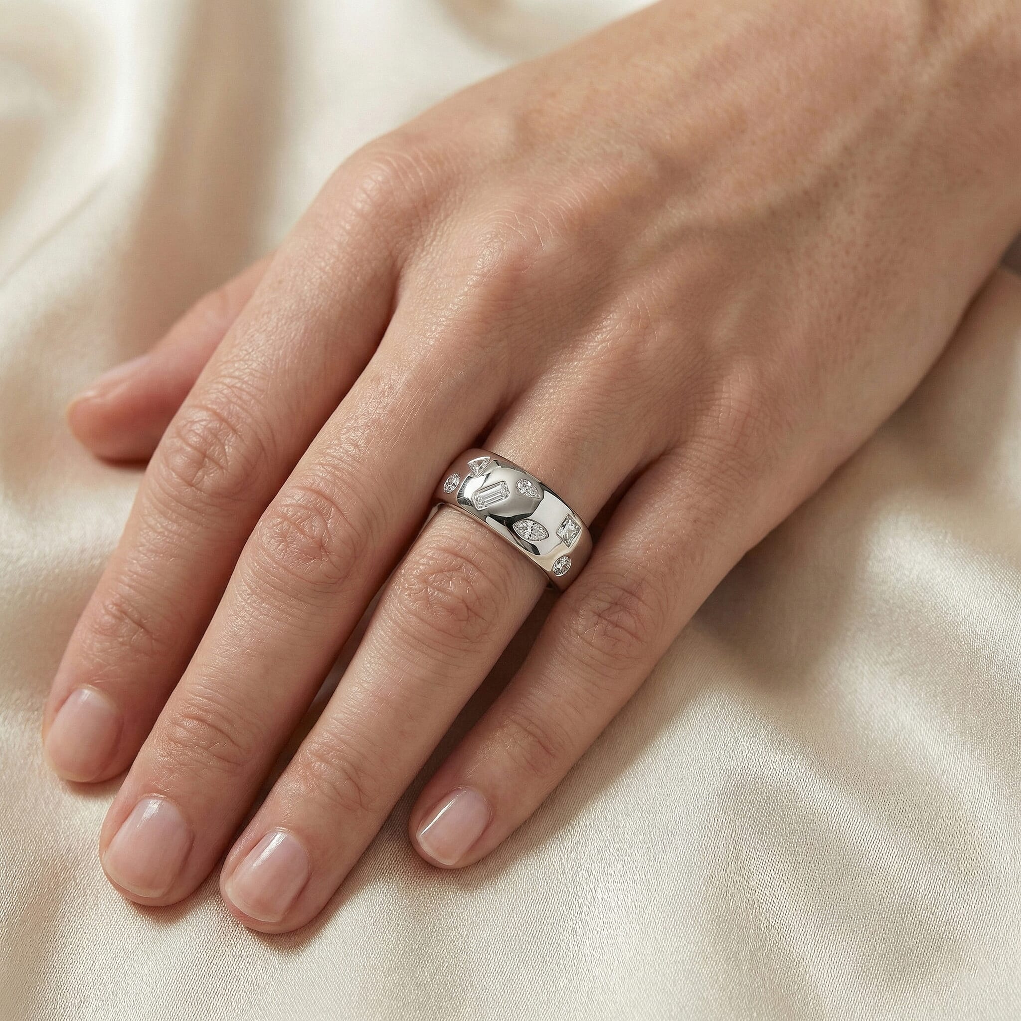 D'Joy Multi Cut Moissanite Wide Band Ring in Rhodium Overlay Sterling Silver