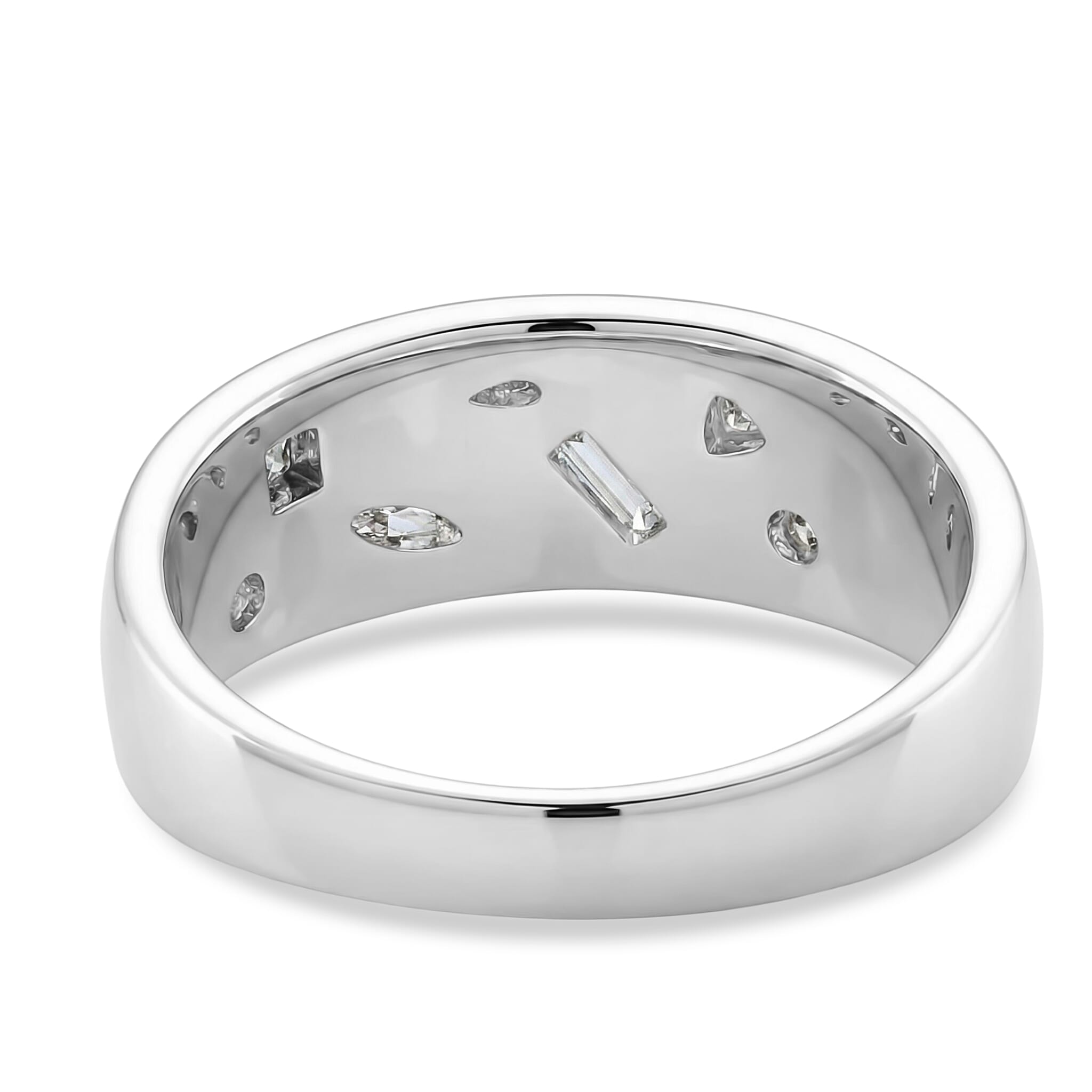 D'Joy Multi Cut Moissanite Wide Band Ring in Rhodium Overlay Sterling Silver