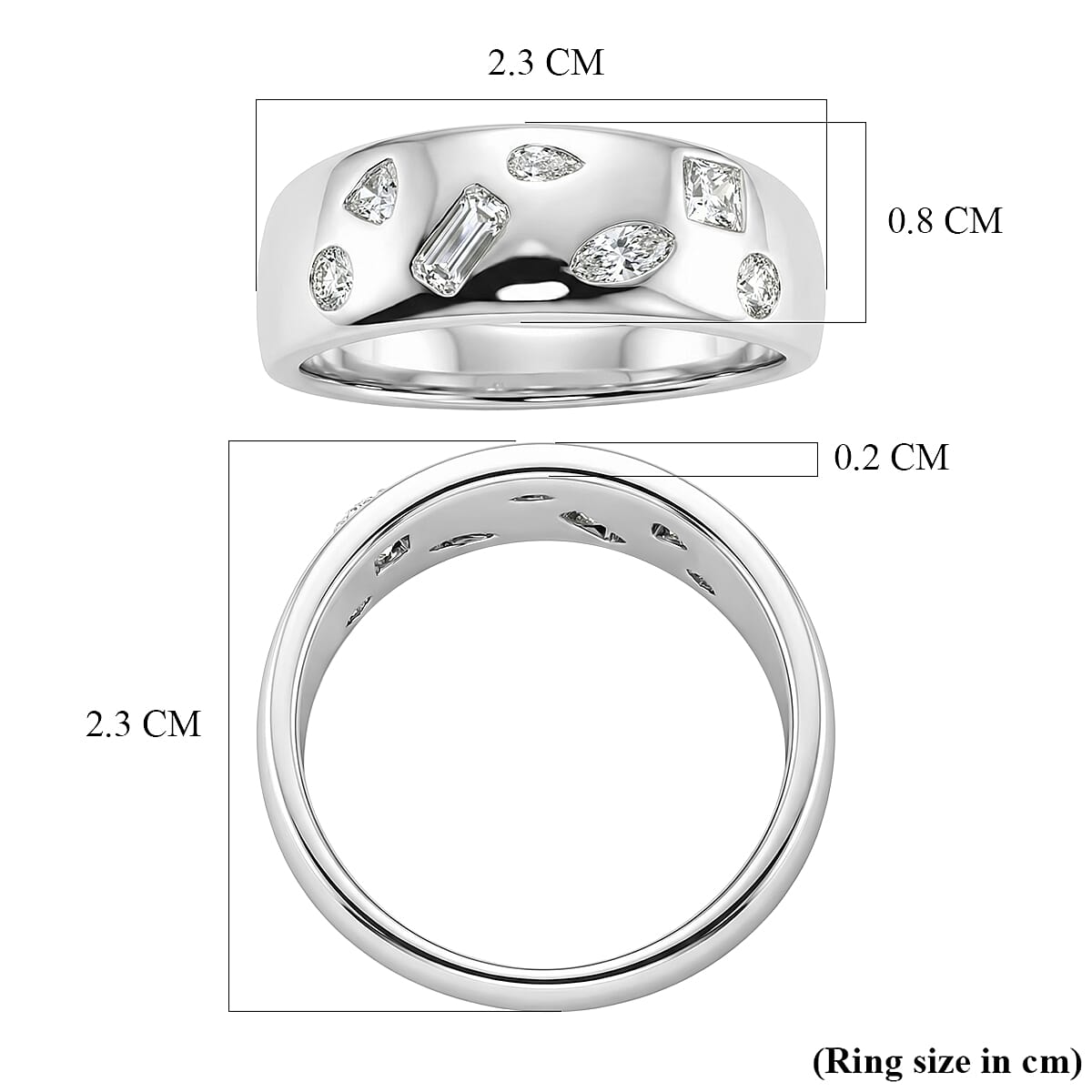 D'Joy Multi Cut Moissanite Wide Band Ring in Rhodium Overlay Sterling Silver