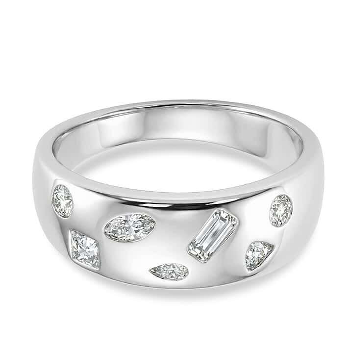 D'Joy Multi Cut Moissanite Wide Band Ring in Rhodium Overlay Sterling Silver
