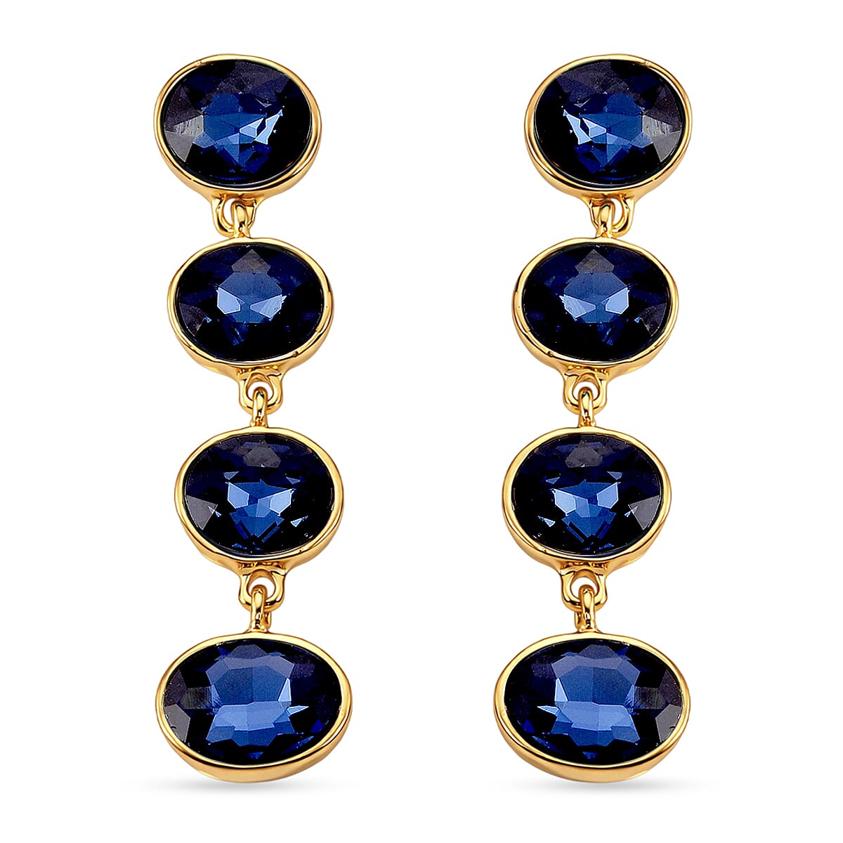 Blue Crystal Dangling Earring with Push Back in Yellow Gold Tone