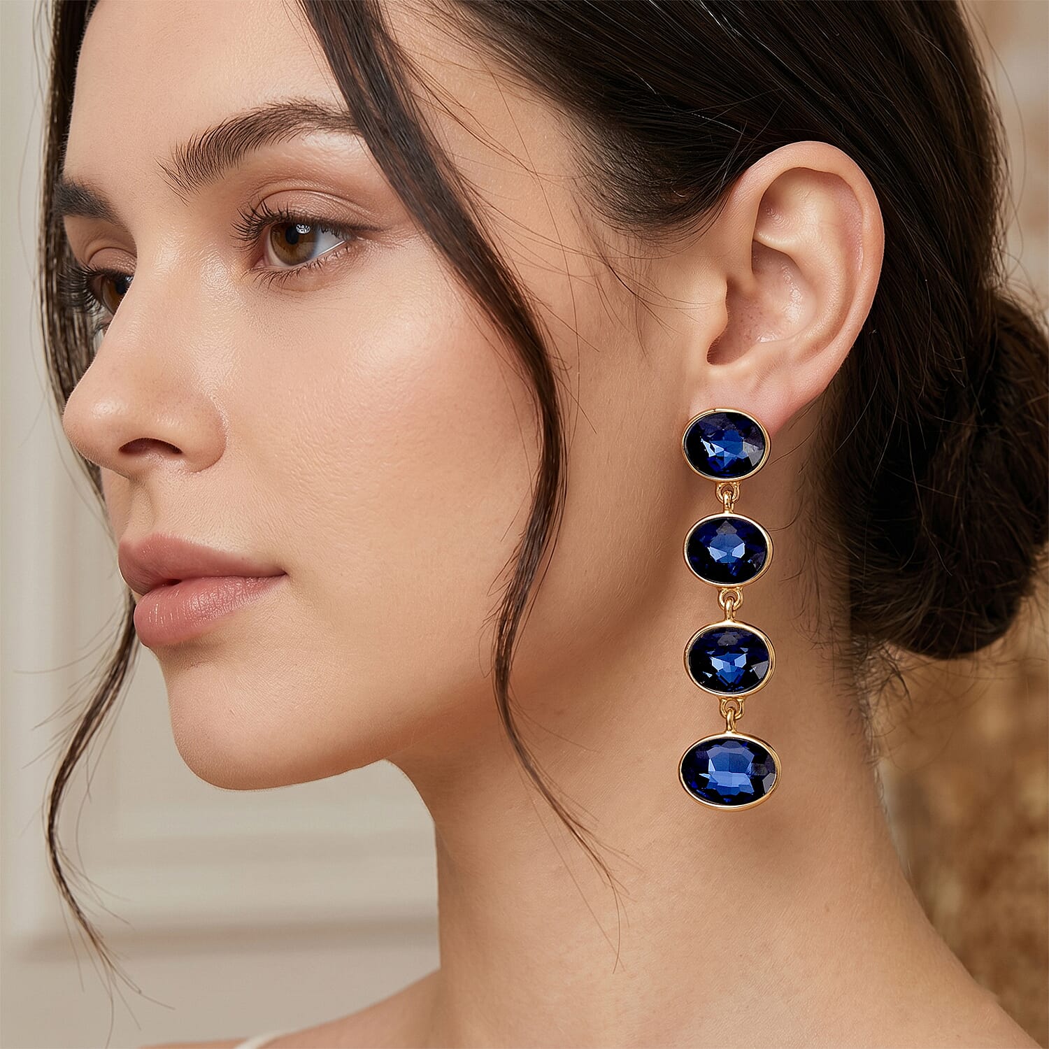 Blue Crystal Dangling Earring with Push Back in Yellow Gold Tone