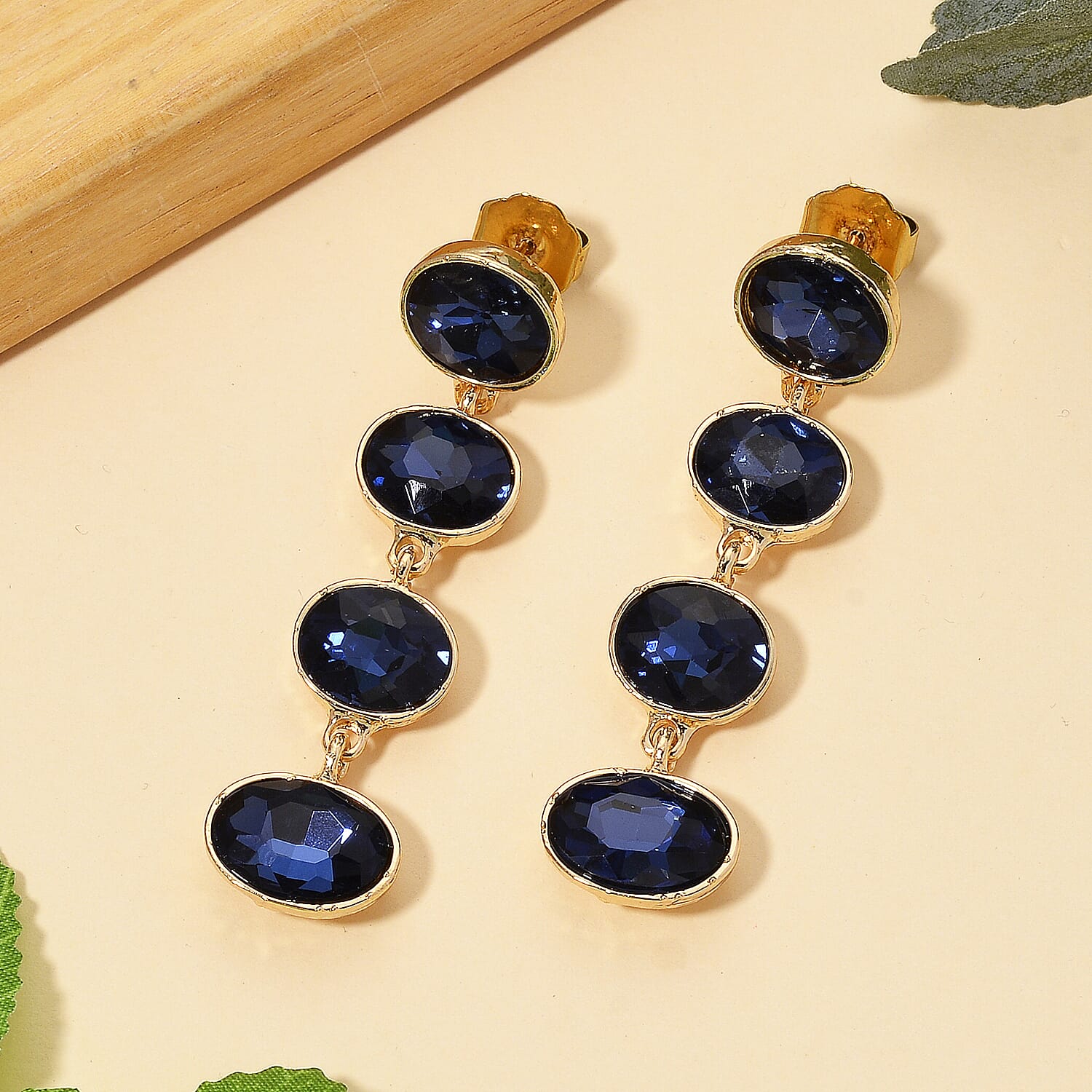 Blue Crystal Dangling Earring with Push Back in Yellow Gold Tone