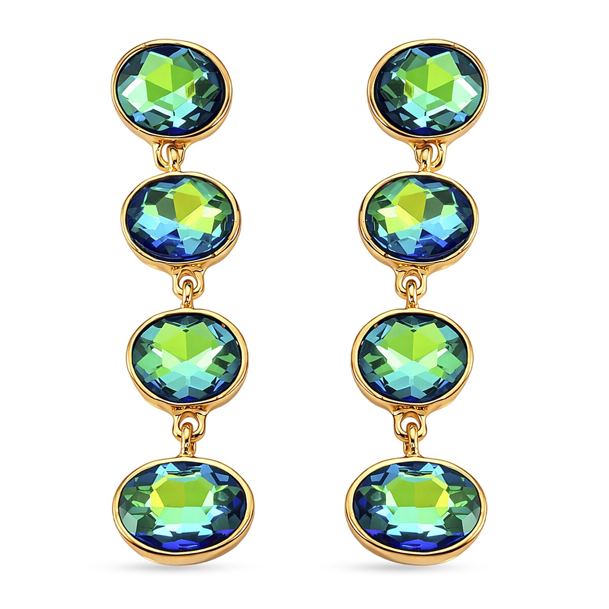 Green Magic Color Crystal Dangling Earring with Push Back in Yellow Gold Tone