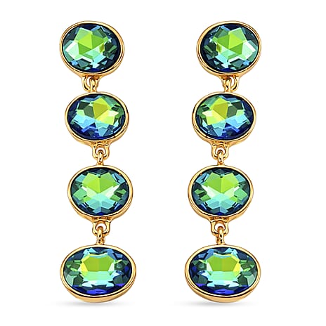 Green Magic Color Crystal Dangling Earring with Push Back in Yellow Gold Tone