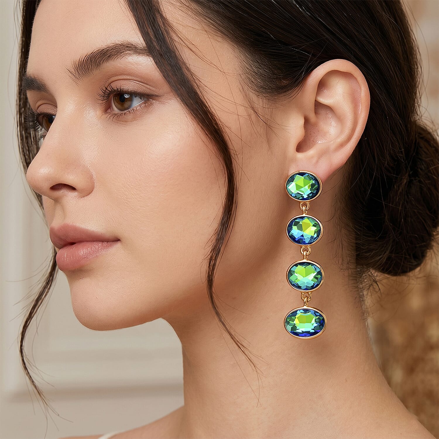 Green Magic Color Crystal Dangling Earring with Push Back in Yellow Gold Tone