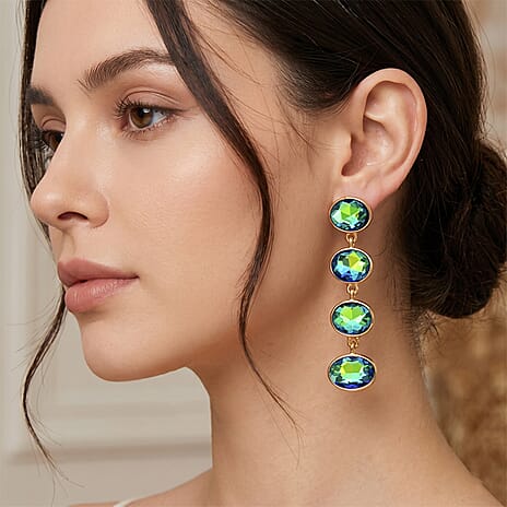 Green Magic Color Crystal Dangling Earring with Push Back in Yellow Gold Tone