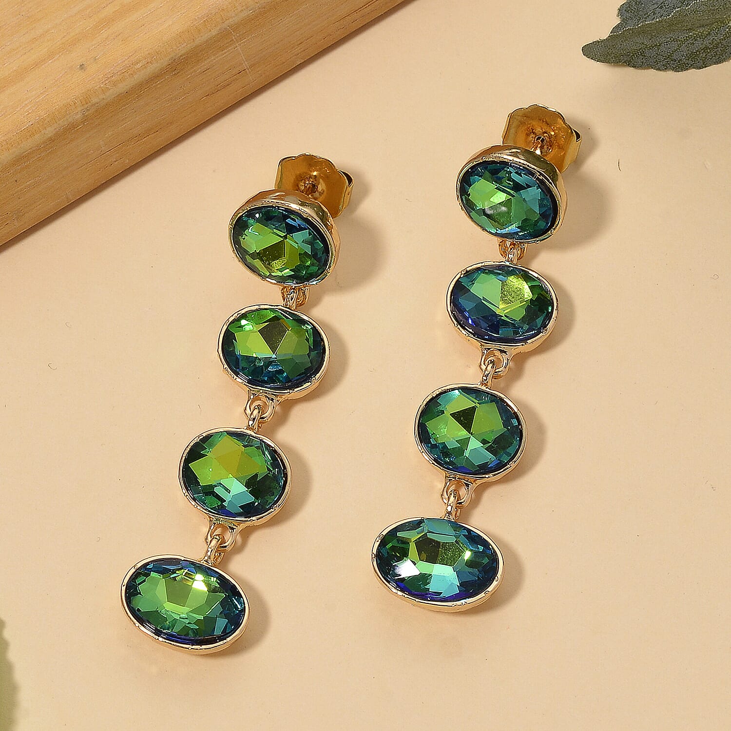 Green Magic Color Crystal Dangling Earring with Push Back in Yellow Gold Tone