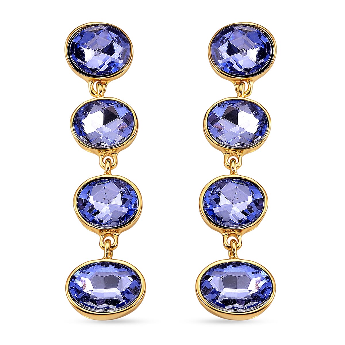 Blue Crystal Dangling Earring with Push Back in Yellow Gold Tone