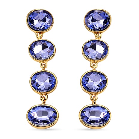Blue Crystal Dangling Earring with Push Back in Yellow Gold Tone