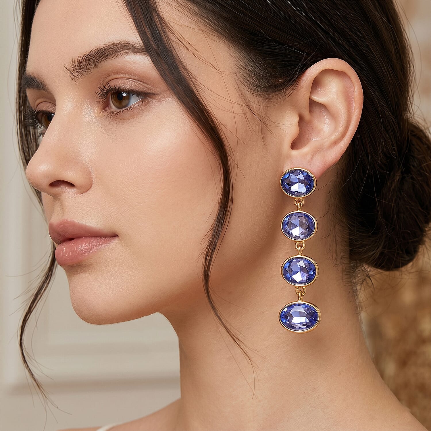 Blue Crystal Dangling Earring with Push Back in Yellow Gold Tone