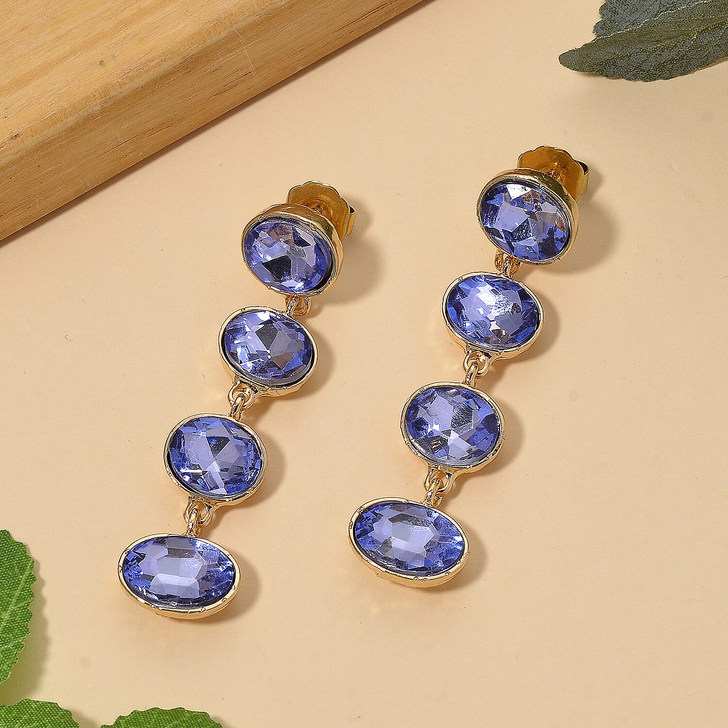 Blue Crystal Dangling Earring with Push Back in Yellow Gold Tone