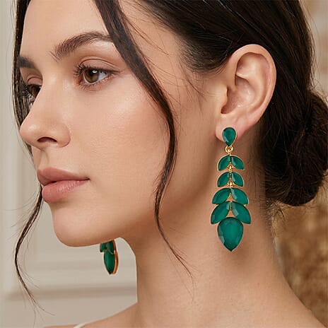 Green Crystal Dangling Earring with Push Back in Yellow Gold Tone