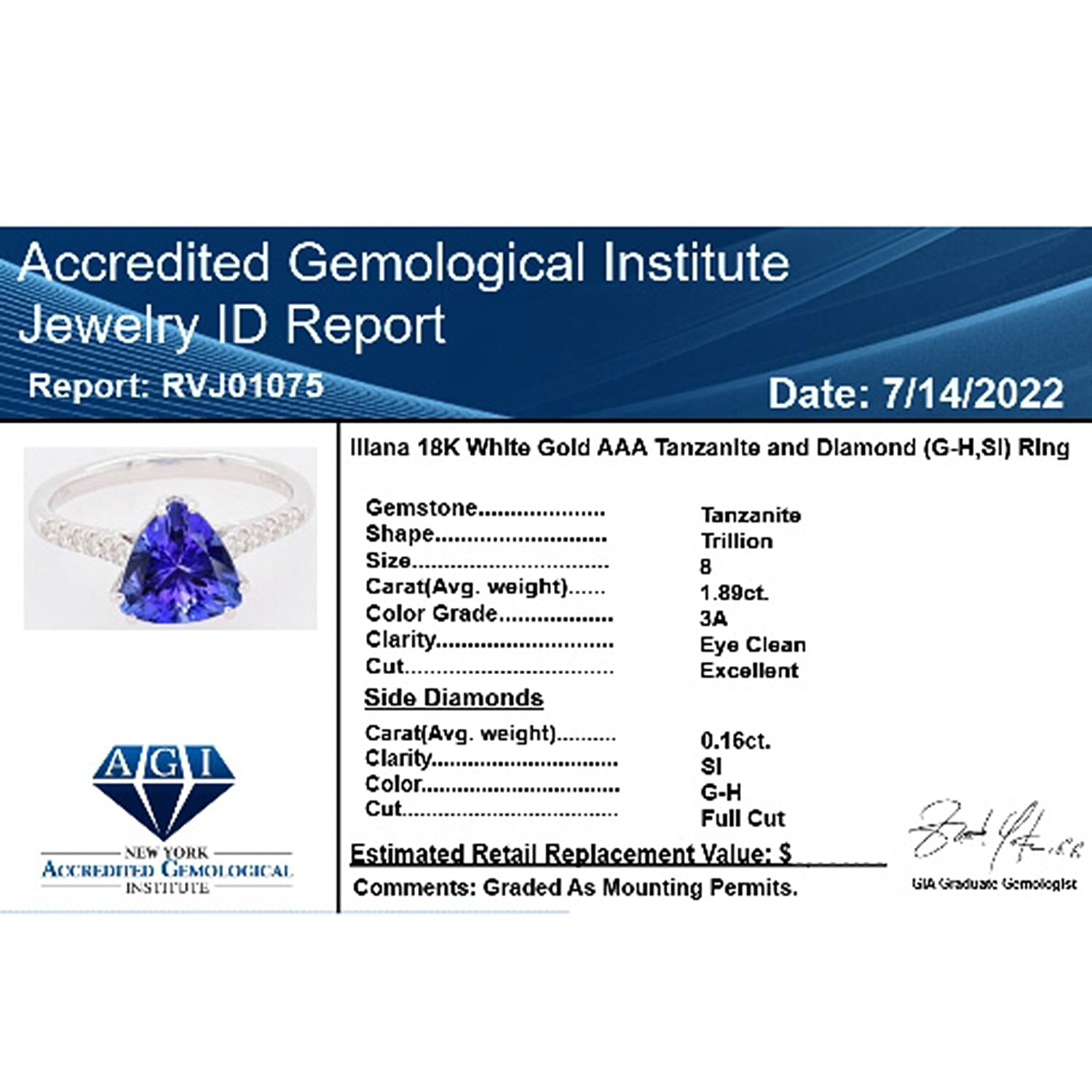Iliana 18K White Gold AGI Certified AAA Tanzanite & White Diamond (SI-GH) Ring 2.05 Ct.
