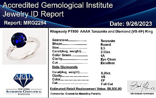 950 Platinum AAAA Tanzanite White Diamond VS Ring, Platinum Wt.4.72 Gms  2.750  Ct.