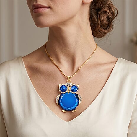 Blue & White Crystal Owl Pendant With Snake Necklace (Size - 28-2 Ext) With Lobster Clasp