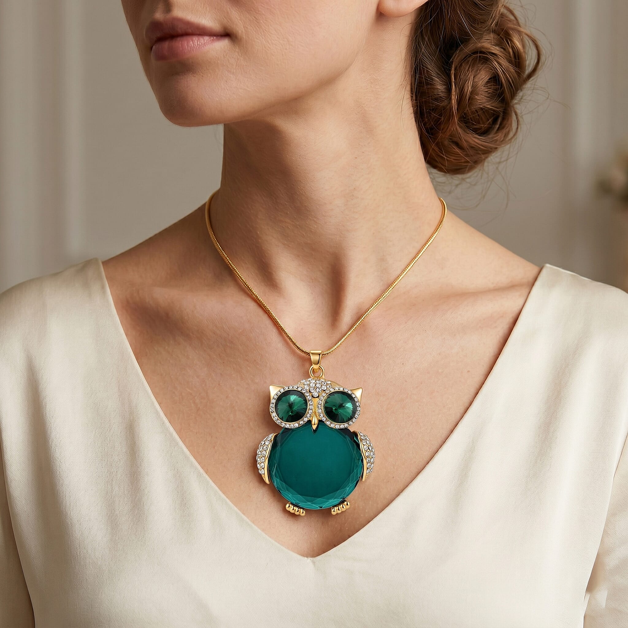 Green Crystal Necklace (Size - 28-2 Ext) in Yellow Gold Tone