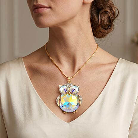 Mystic & White Crystal Owl Pendant With Snake Necklace (Size - 28-2 Ext) With Lobster Clasp