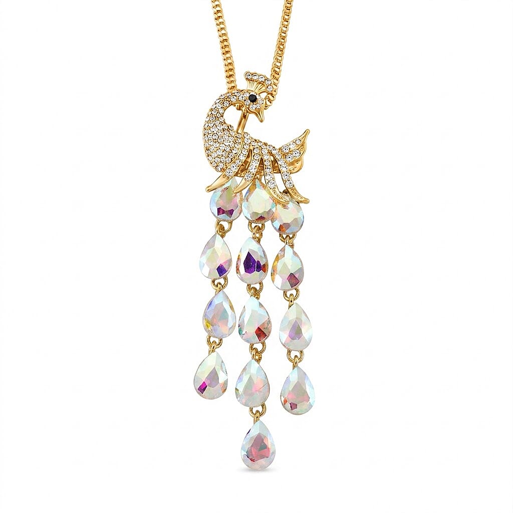Multi Color Crystal Peacock Necklace (Size - 28-2 Ext) in Yellow Gold Tone