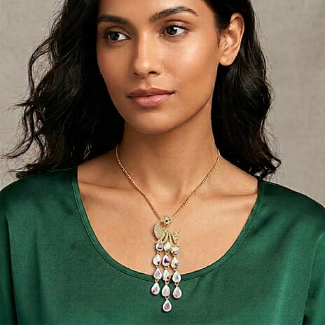 Multi Color Crystal Peacock Necklace (Size - 28-2 Ext) in Yellow Gold Tone