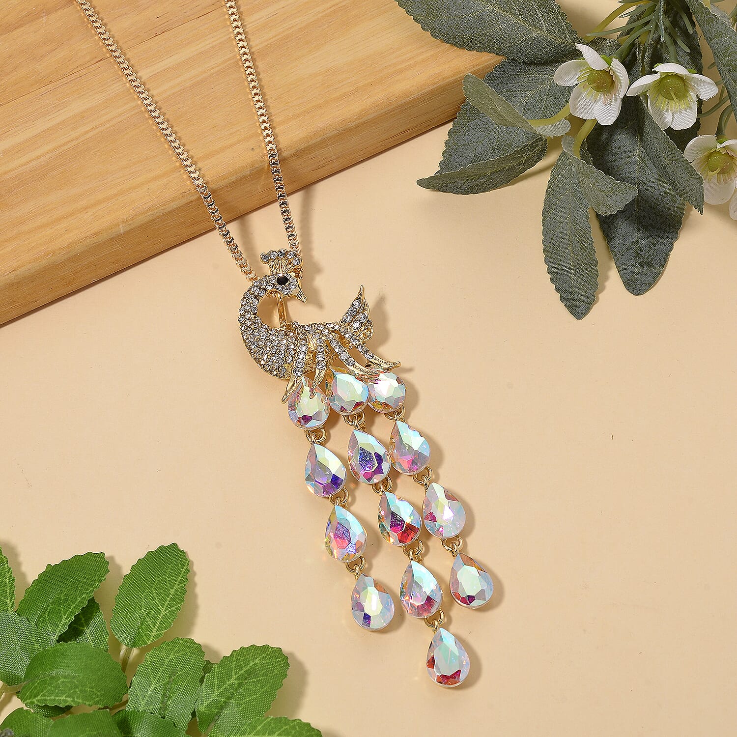 Multi Color Crystal Peacock Necklace (Size - 28-2 Ext) in Yellow Gold Tone