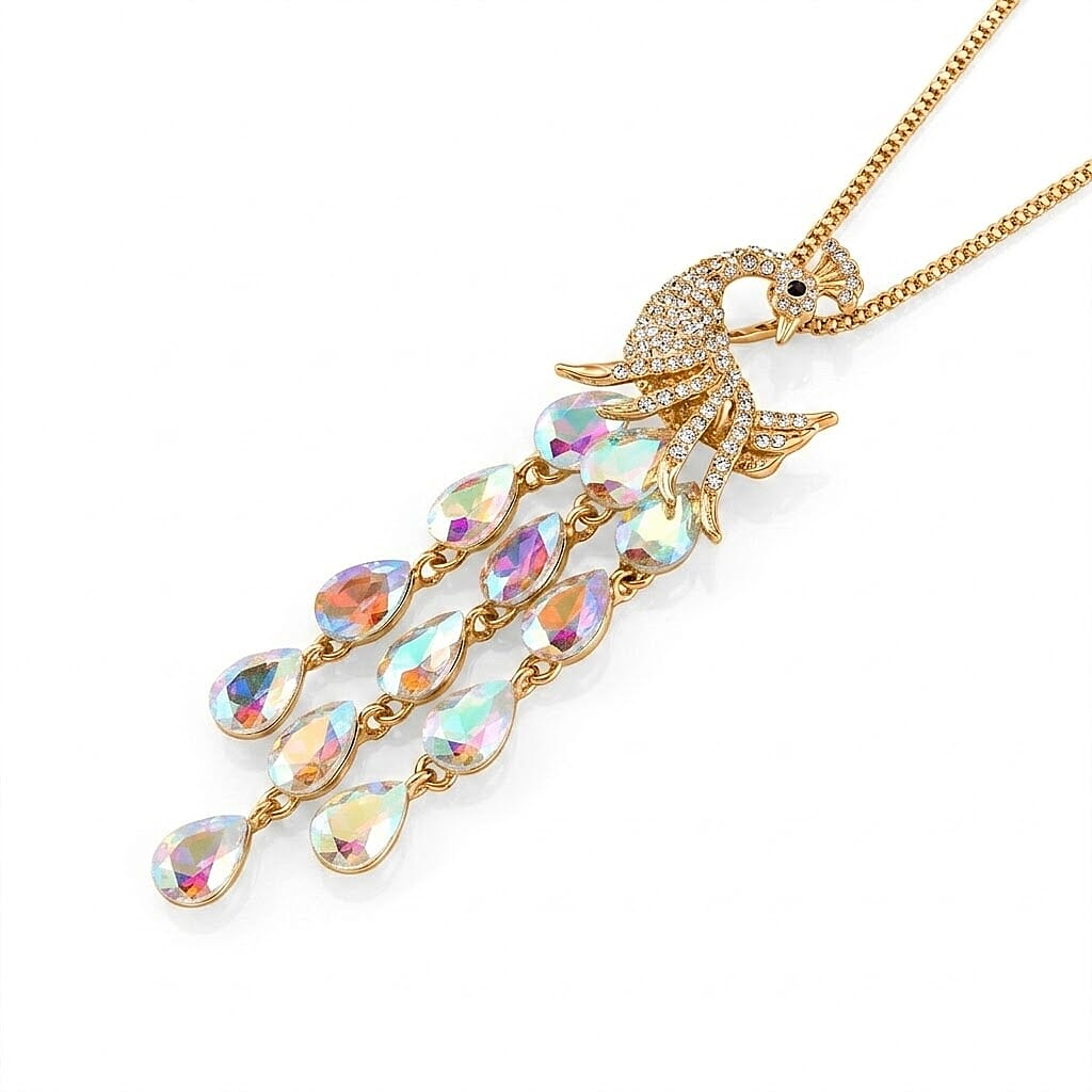 Multi Color Crystal Peacock Necklace (Size - 28-2 Ext) in Yellow Gold Tone