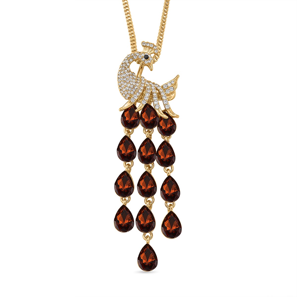 Multi Color Crystal Peacock Necklace (Size - 28-2 Ext) in Yellow Gold Tone