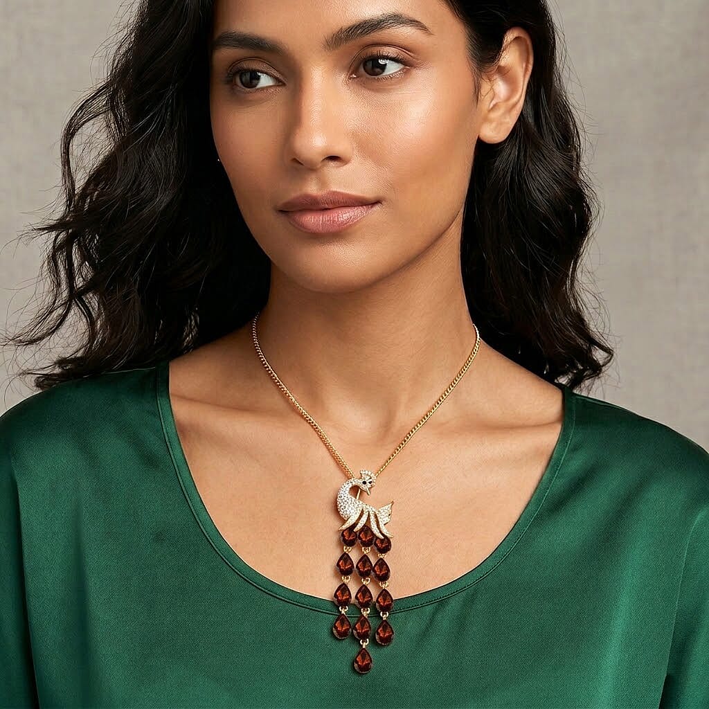 Multi Color Crystal Peacock Necklace (Size - 28-2 Ext) in Yellow Gold Tone