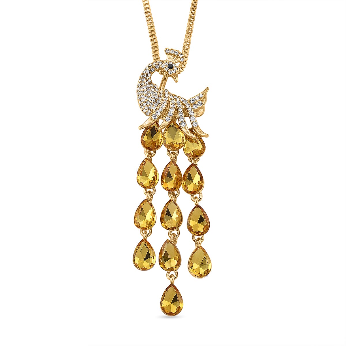 Multi Color Crystal Peacock Necklace (Size - 28-2) in Yellow Gold Tone