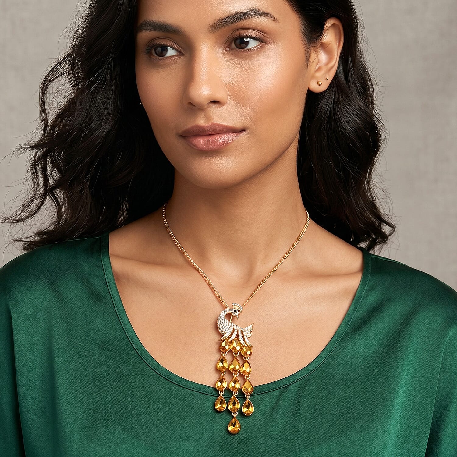 Multi Color Crystal Peacock Necklace (Size - 28-2) in Yellow Gold Tone