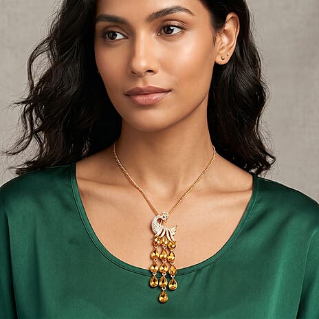 Multi Color Crystal Peacock Necklace (Size - 28-2) in Yellow Gold Tone