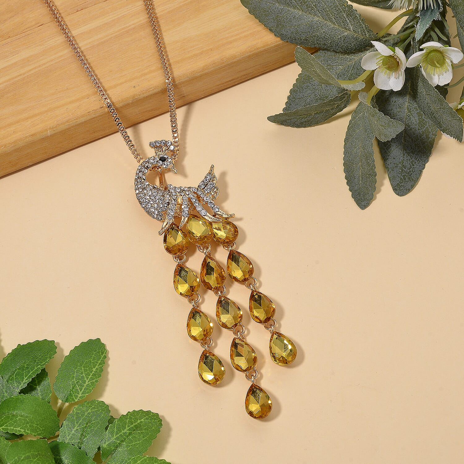 Multi Color Crystal Peacock Necklace (Size - 28-2) in Yellow Gold Tone