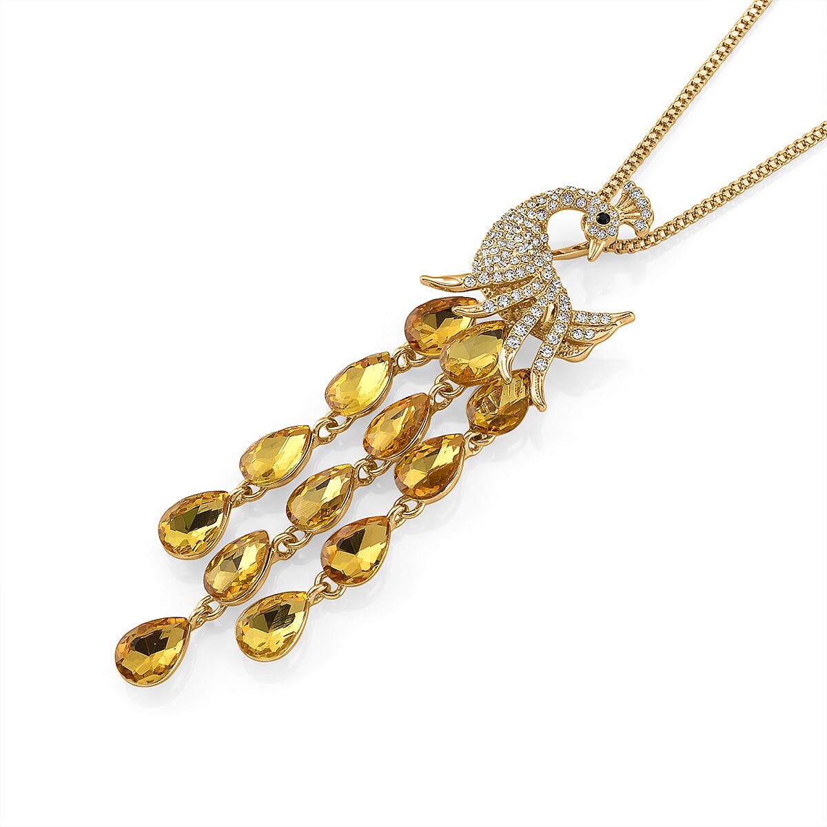 Multi Color Crystal Peacock Necklace (Size - 28-2) in Yellow Gold Tone