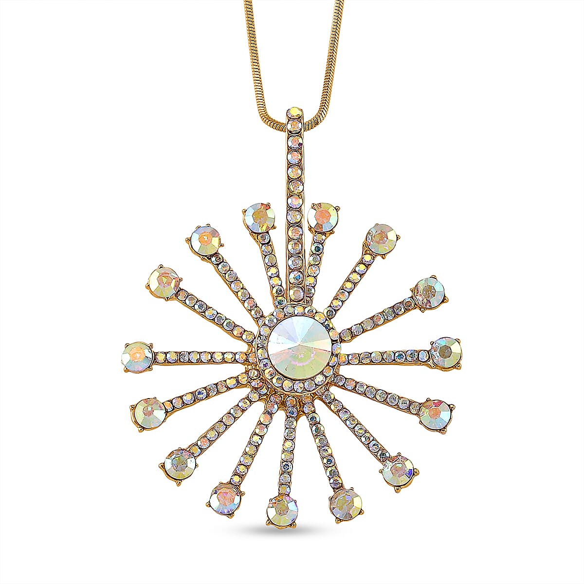 Simulated Mystic White Crystal Sunburst Pattern Necklace (Size - 28-2 Ext) in Yellow Gold Tone