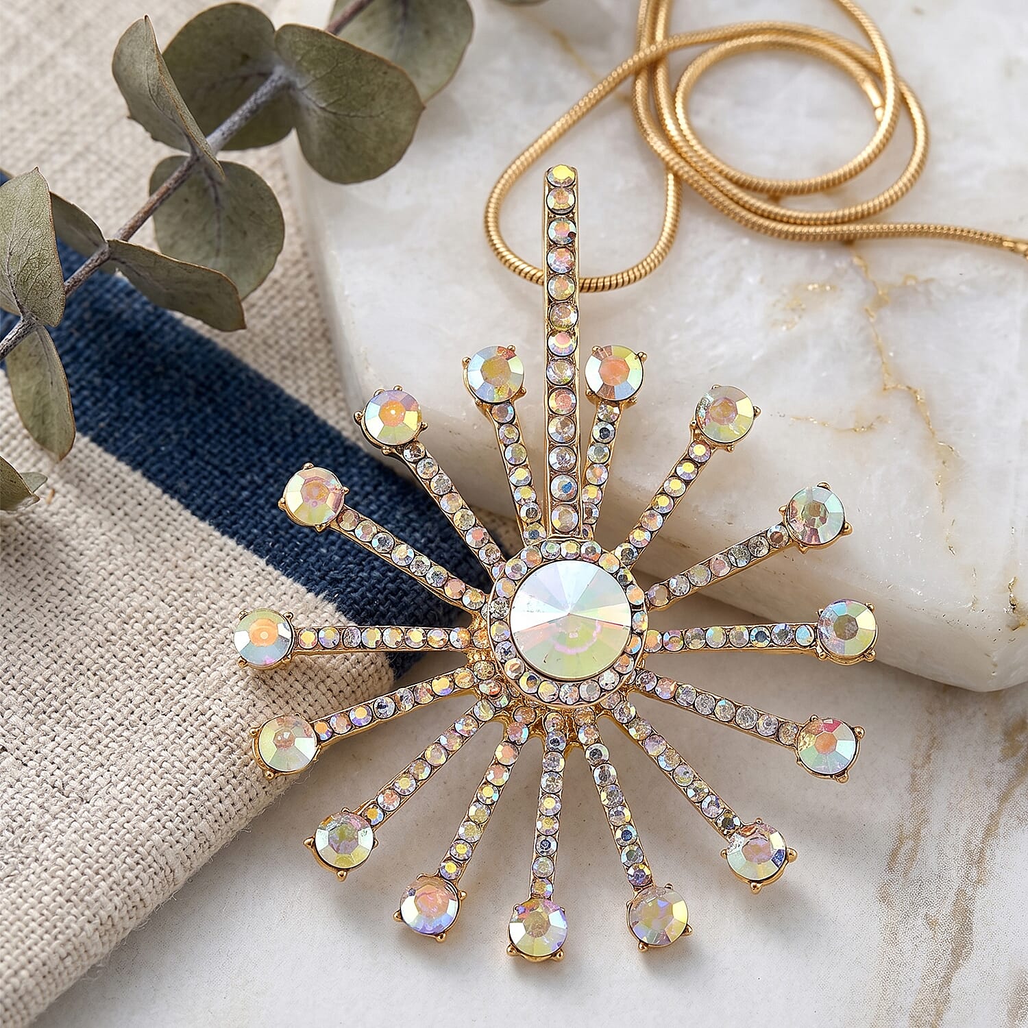Simulated Mystic White Crystal Sunburst Pattern Necklace (Size - 28-2 Ext) in Yellow Gold Tone