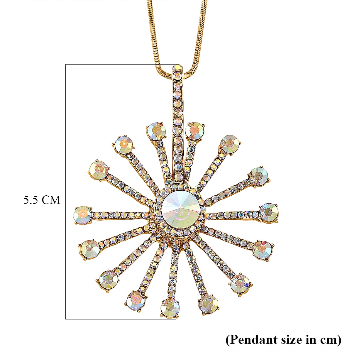 Simulated Mystic White Crystal Sunburst Pattern Necklace (Size - 28-2 Ext) in Yellow Gold Tone