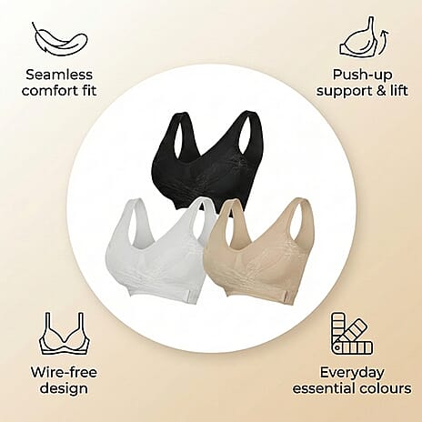 THE VALUE CLOSEOUT BUY - Set of 3 Comfortisse Support Push Up Bra (Size L) - Black, Nude & White