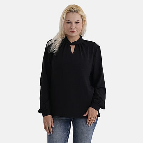 - Maisi Long-Sleeved Blouse With Keyhole Neck Detail (Size 12 To 14) - Black