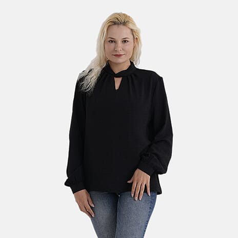 - Maisi Long-Sleeved Blouse With Keyhole Neck Detail (Size 12 To 14) - Black