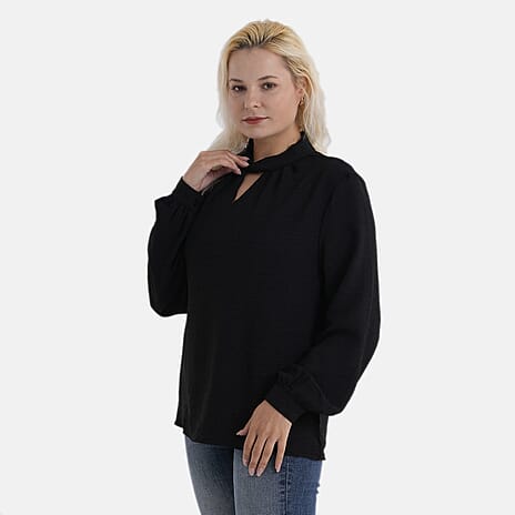 - Maisi Long-Sleeved Blouse With Keyhole Neck Detail (Size 18 To 20) - Black