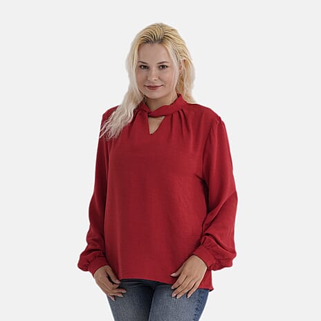 - Maisi Long-Sleeved Blouse With Keyhole Neck Detail (Size 12 To 14) - Red