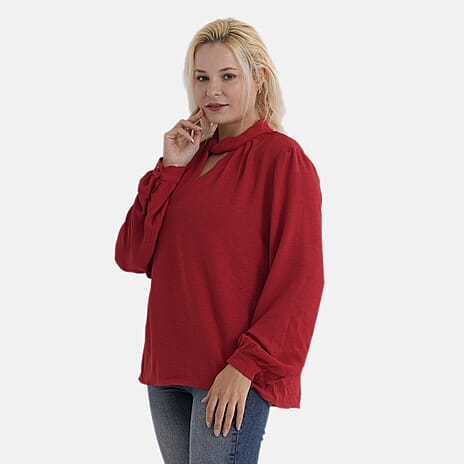- Maisi Long-Sleeved Blouse With Keyhole Neck Detail (Size 12 To 14) - Red