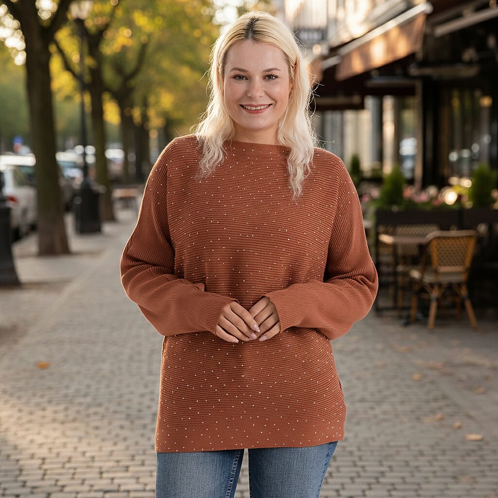 - Maisi Glam Knit Diamonte Batwing-Sleeve Jumper (One Size) - Brown