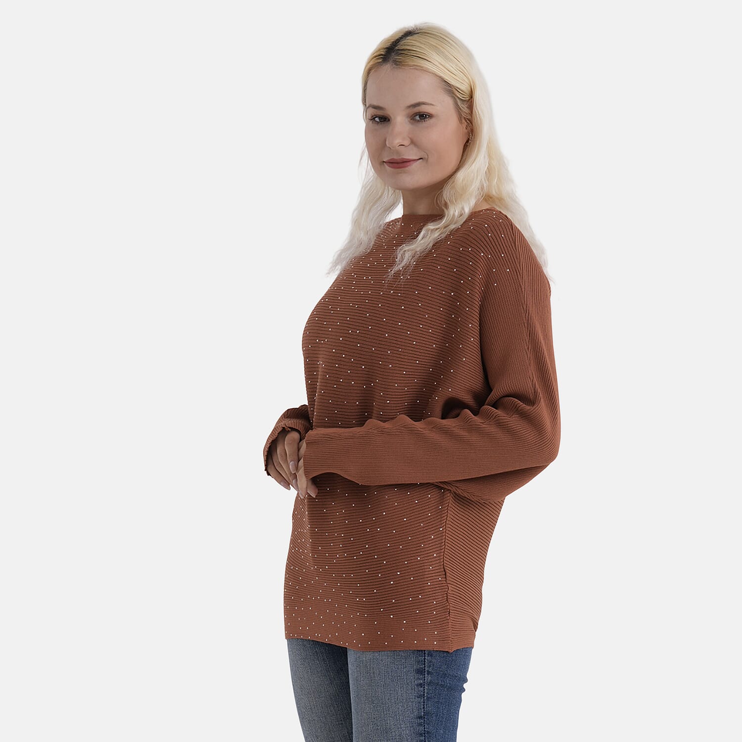 - Maisi Glam Knit Diamonte Batwing-Sleeve Jumper (One Size) - Brown