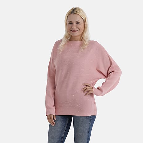 - Maisi Glam Knit Diamonte Batwing-Sleeve Jumper (One Size) - Pink