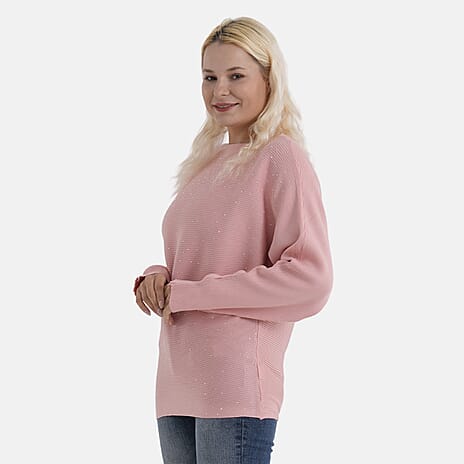 - Maisi Glam Knit Diamonte Batwing-Sleeve Jumper (One Size) - Pink