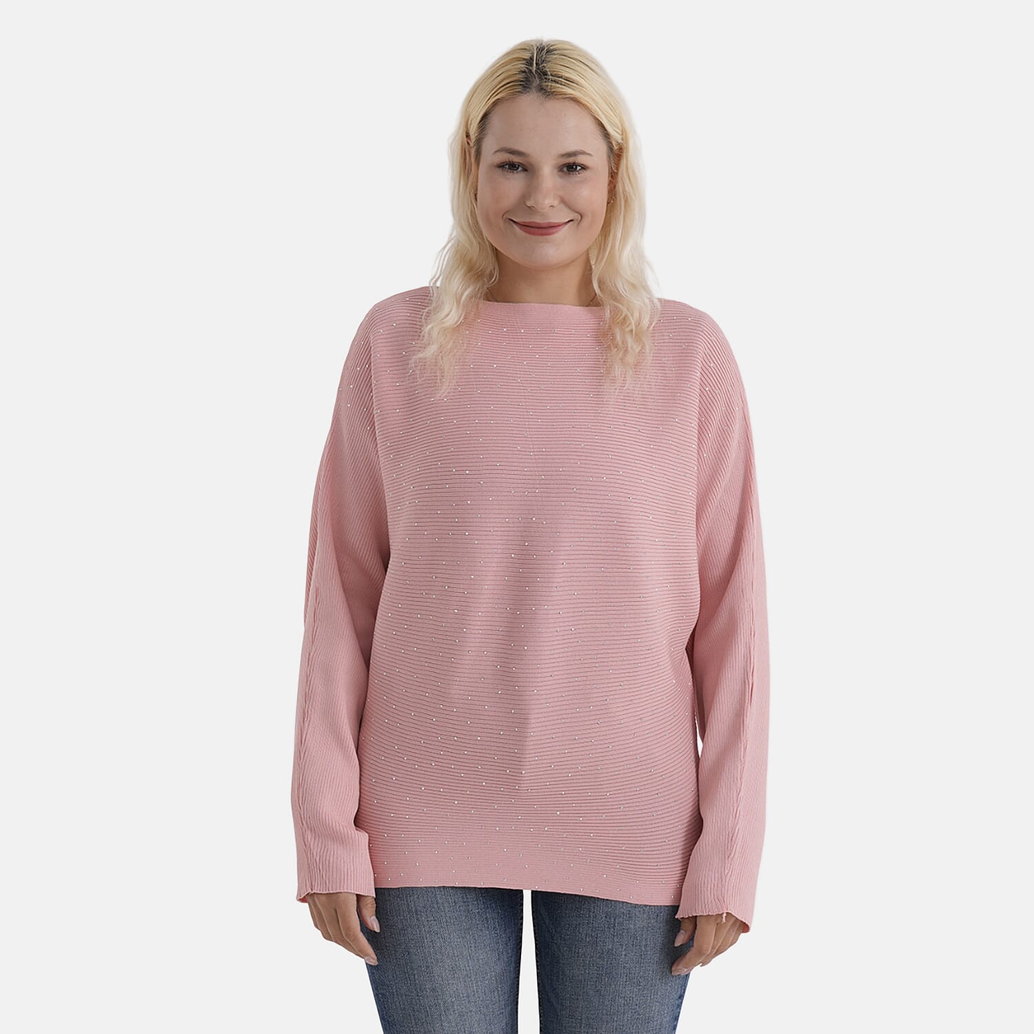 - Maisi Glam Knit Diamonte Batwing-Sleeve Jumper (One Size) - Pink