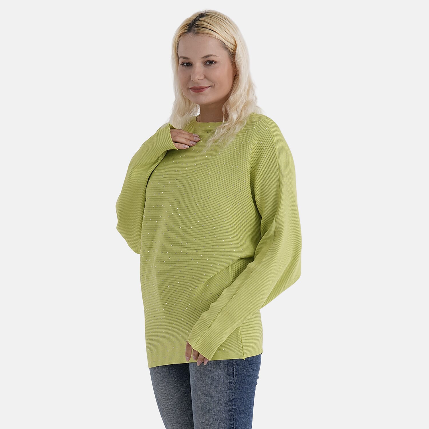 - Maisi Glam Knit Diamonte Batwing-Sleeve Jumper (One Size) - Green