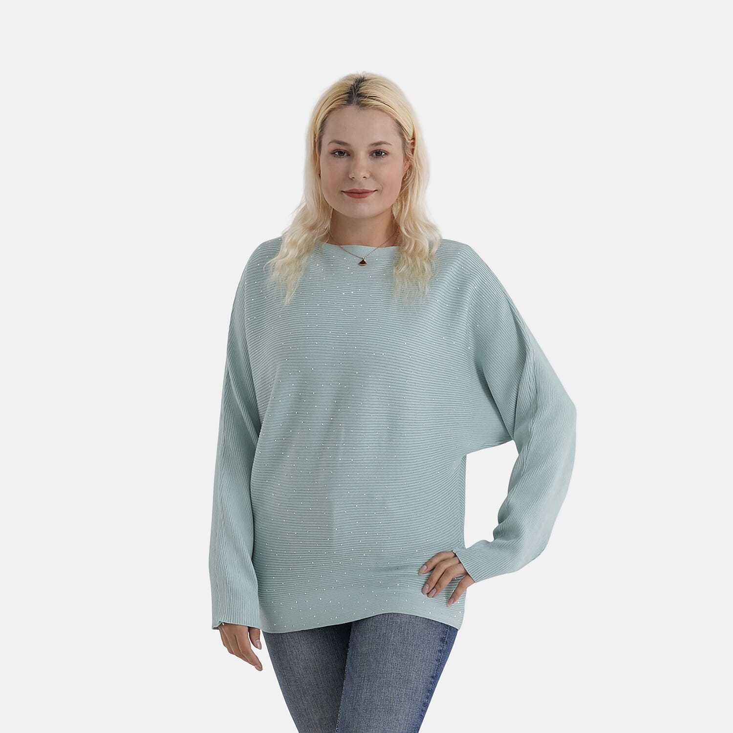 - Maisi Glam Knit Diamonte Batwing-Sleeve Jumper (One Size) - Blue